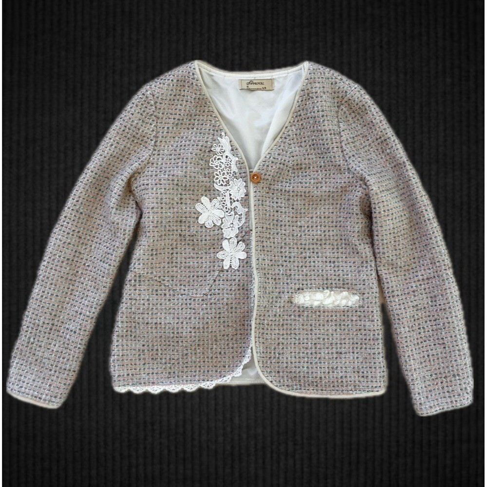Mori Kei Women's Ruffle Lace Thin Knit Blazer Floral Embroidered Boho Otome Kei
